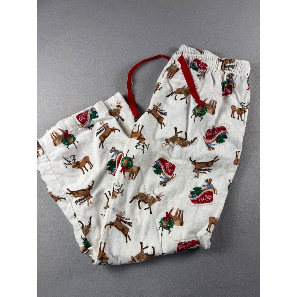 Old Navy Mens Reindeer Sleigh Christmas Flannel Pajama Pants White Red Medium
